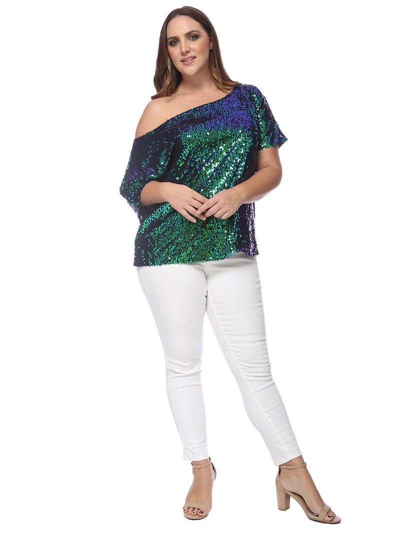 Anna-Kaci Women's Plus Size Sequin Sexy One Shoulder Short Sleeve Party Club Top, Mermaid, 2X-Large - Image 5
